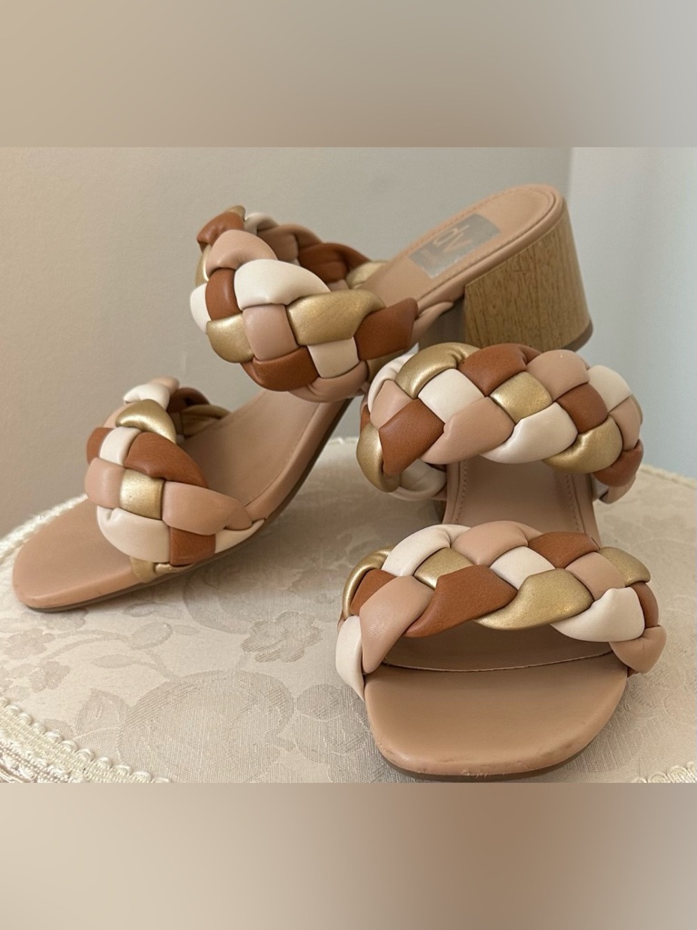 Braided Block Heel Sandals in Nude/Gold/Brown